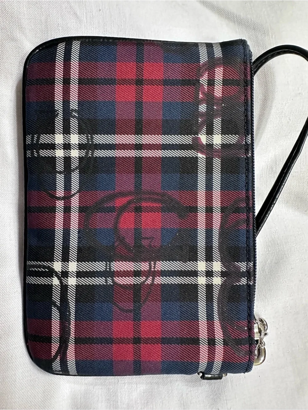 Coach Red & Black Plaid Wristlet Pouch with Silver Hardware